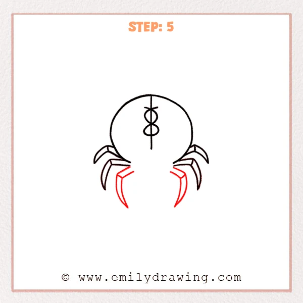 how to draw a black widow - Step 5: Additional legs are added around the abdomen, forming an eight-leg black widow structure.